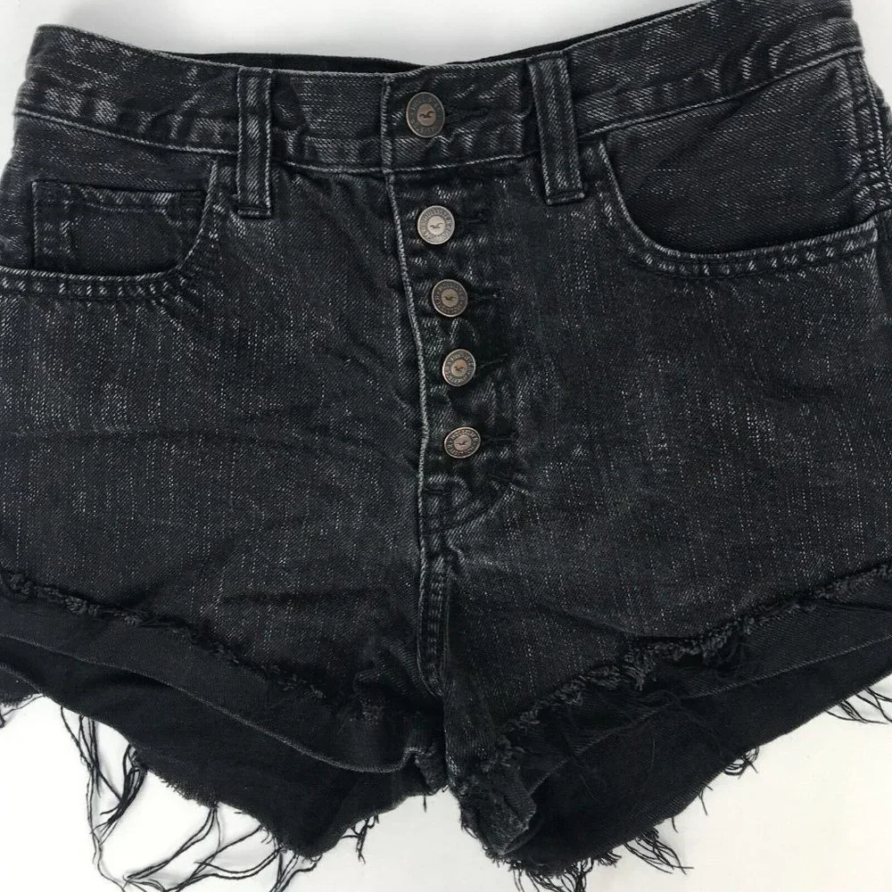 Hollister High Waisted Jean Short Shorts Black Denim Button Up Size 1 Waist 25 - Picture 2 of 5